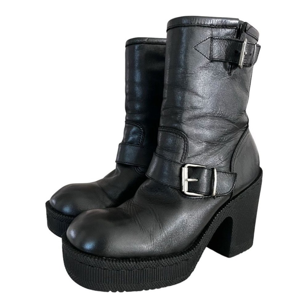 Y2K Vintage 9&Co. Black Leather Moto Silver Double Buckle Platform Boots Size 8